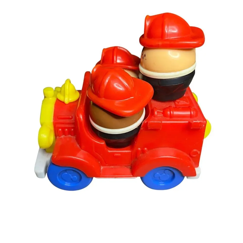 Vintage Disney Arco Fire Truck Toy‎ with 3 Egg Shaped Firefighter Figures Red